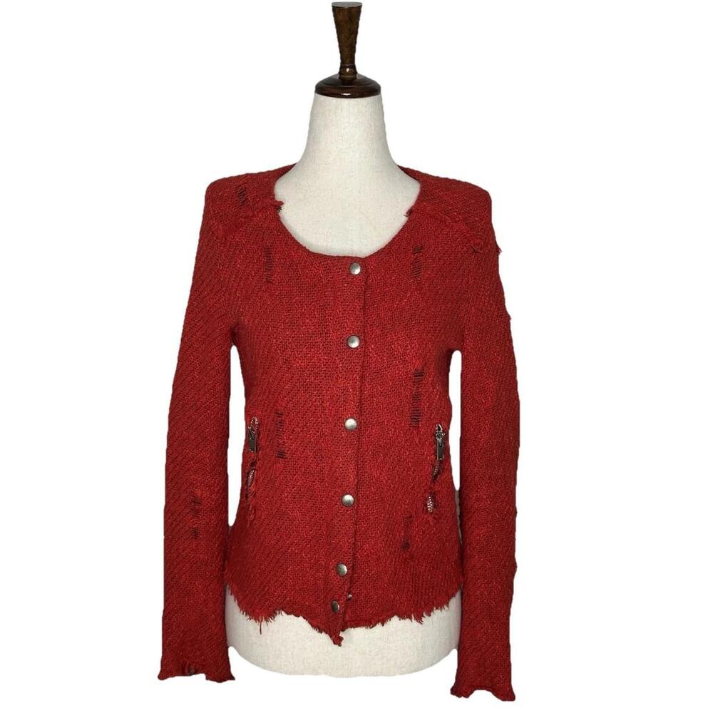IRO Agnette Knit Zip Tweed Jacket Womens 1 Red Distressed Preppy Money Grunge